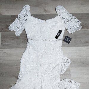 Lulus Women's Dress White  Lace Short Sleeve Asymmetrical Large Midi Dress